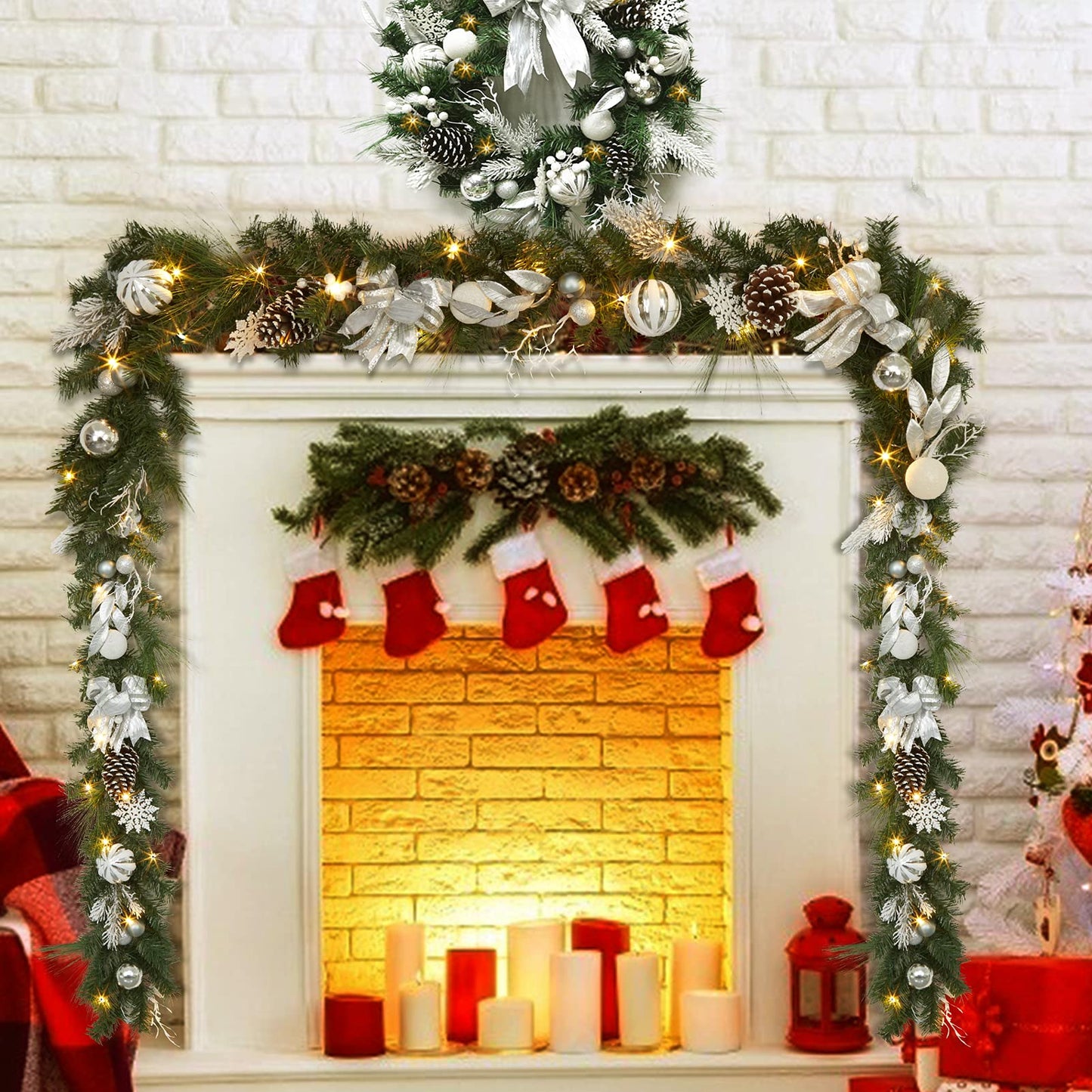 Adeeing Christmas Garland with Lights, 6 ft Pre-lit Silver White Christmas Garland with Ball Ornaments Pine Cones Berries Battery Operated Lights for Indoor Outdoor Fireplace Staircase Decoration