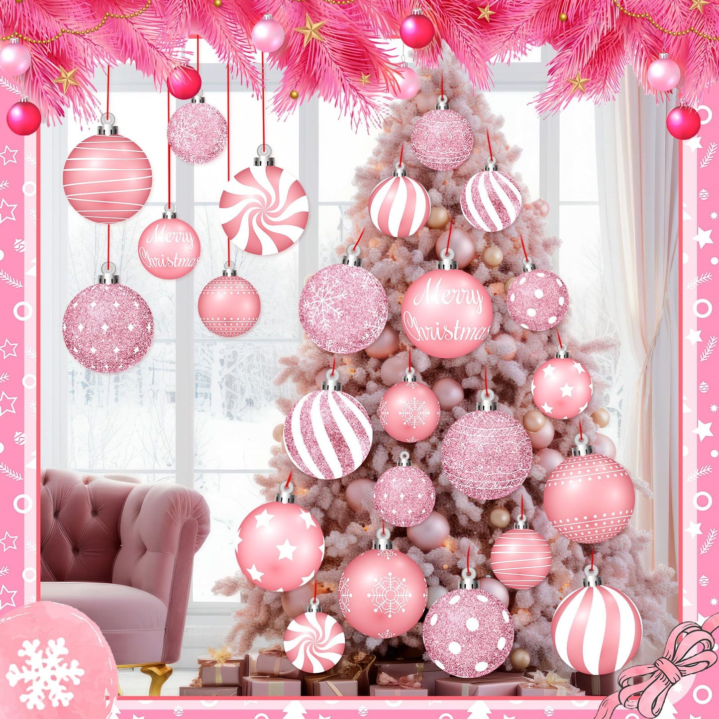 Huwena 24 Pcs Christmas Decorations Outdoor Christmas Hanging Ornaments Peppermint Candy Yard Signs Double Sided Lawn Decorations Peppermint Ornaments for Xmas(Pink)