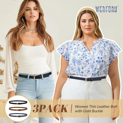 WERFORU 3 Pack Women Skinny Belt Thin Waist Belt for Women Leather Belt with Gold Buckle for Jeans Pants Dress 0.74" Width,Black+Brown+Navy blue,Fit Waist Size 37"-41"