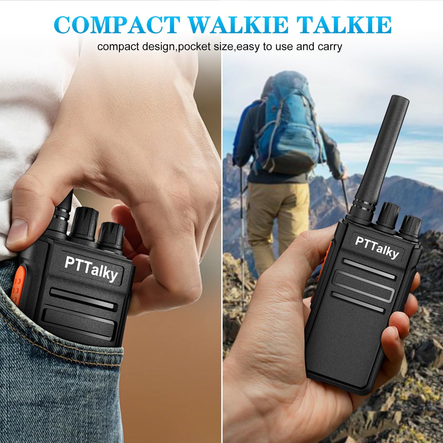 PTTalky FR1 Plus Walkie Talkies Long Range, Hidden Display Rechargeable 2 Way Radio for School Business Warehouse Restaurant (Black, 6 Pack)