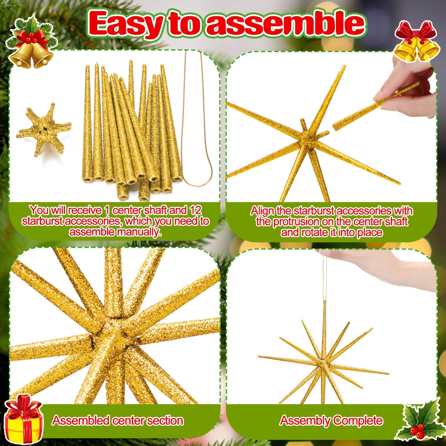 Syhood 12 Pcs Glitter Starburst Christmas Ornament 8 Inch Diameter Star Hanging Tree Ornaments Holiday Tabletop Decorations Christmas Party Decor Xmas Gifts(Gold)