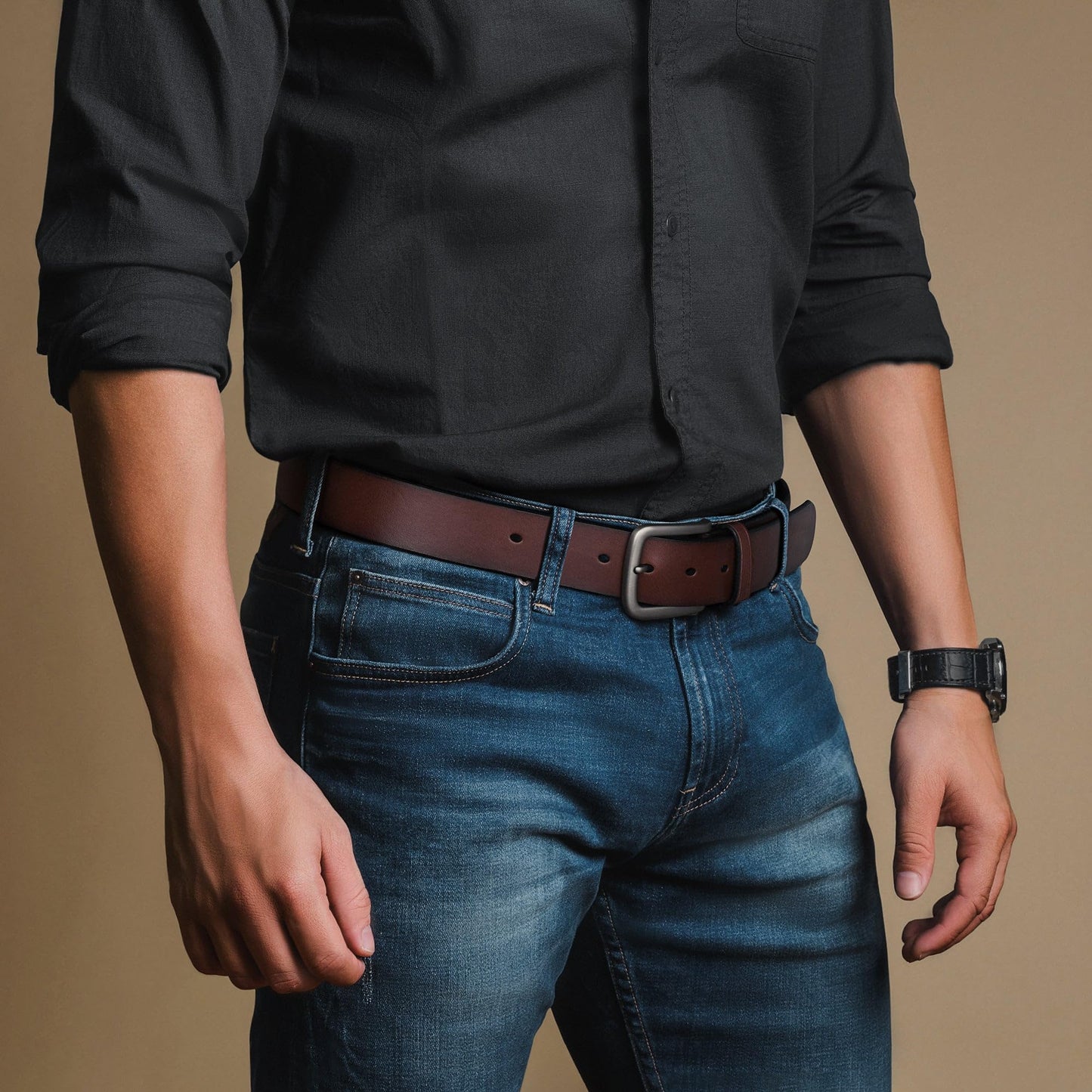 Buffway Men's Leather Belt,1.5" Handcrafted Top-Grain Leather – Durable,Comfortable,Suitable for Everyday Formal & Casual Wear - Size 34" Coffee