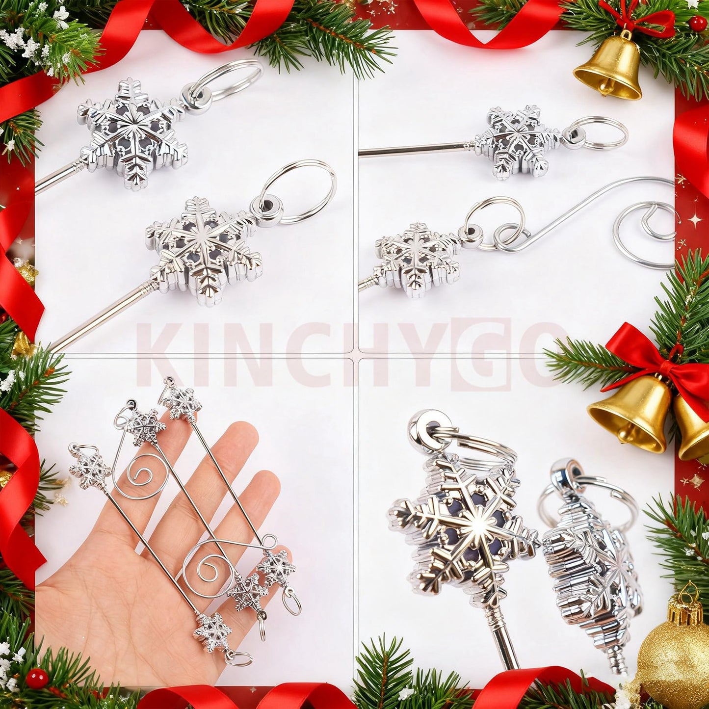 KINCHYGO, 18 Pack Beadable Rods Charms Snowflake Pendant for Christmas Tree DIY Craft (Silver)
