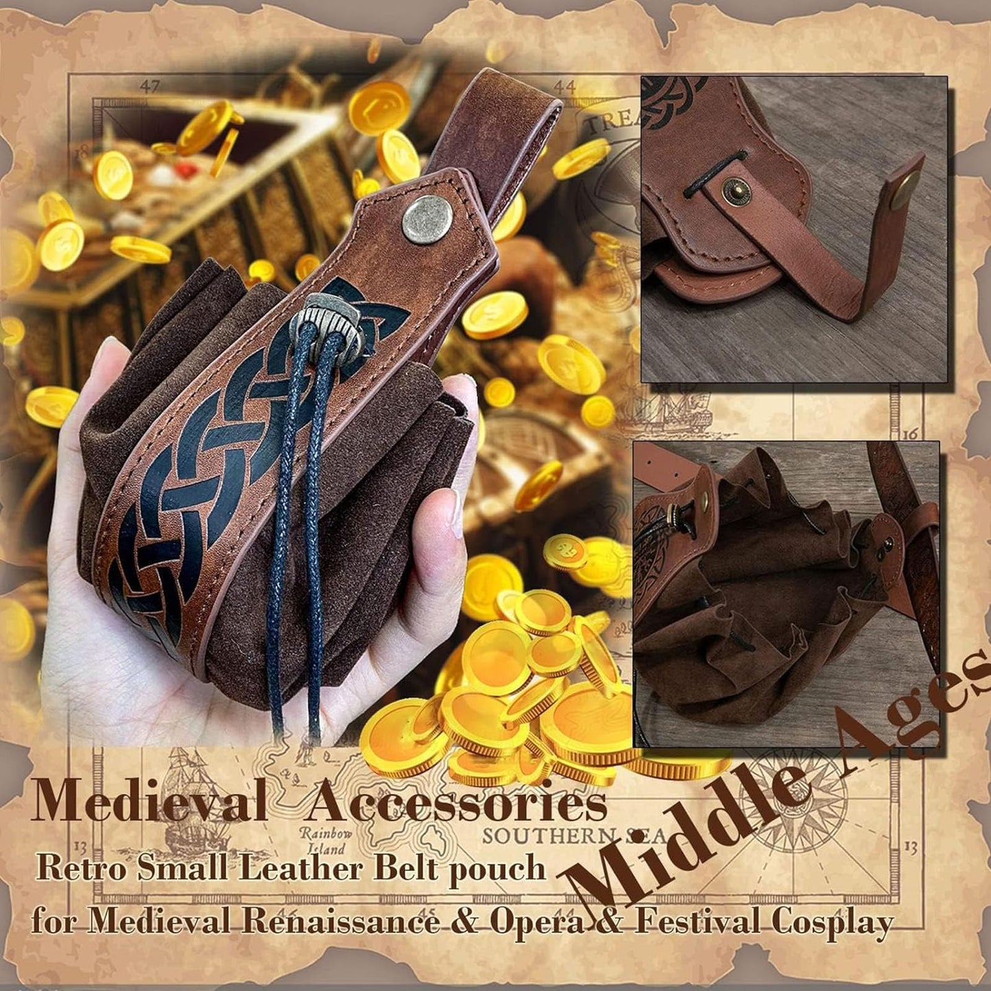KOTORA Pirate Costume Pirate Head Scarf Bandanas Belt Waist Sash Medieval Belt Pouch Coin Purse Leather Hook Festival Sets (Pattern02 Brown)