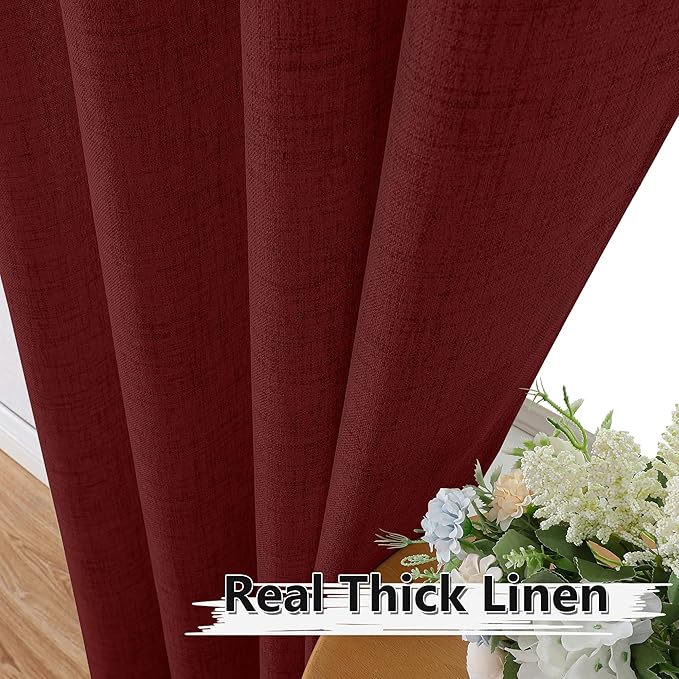 Tollpiz Short Linen Curtain Living Room Rod Pocket Semi Sheer Curtains Burlap Light Filtering Thick Linen Drape for Bedroom, 54 x 45 inches Long, Burgundy Red, Set of 2 Panels