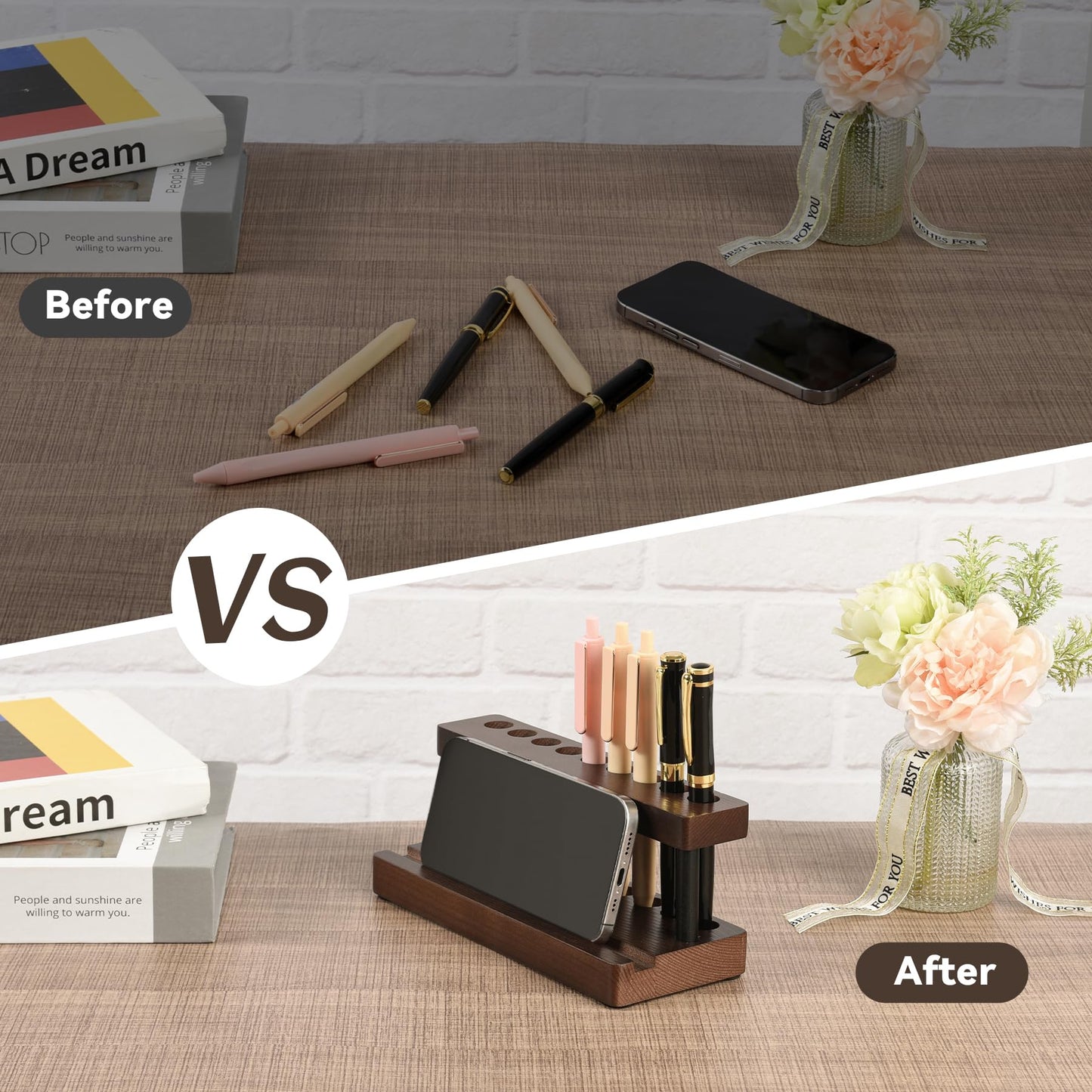 Wooden Pen Holder for Desk, Wood Pencil Holder Fountain Pens Display Stand with 9 Slots and Phone Holder, Stylish Office Desk Decor, Pen Organizer for Office, Home