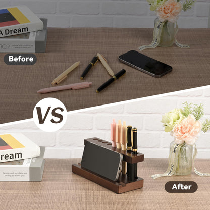 Wooden Pen Holder for Desk, Wood Pencil Holder Fountain Pens Display Stand with 9 Slots and Phone Holder, Stylish Office Desk Decor, Pen Organizer for Office, Home