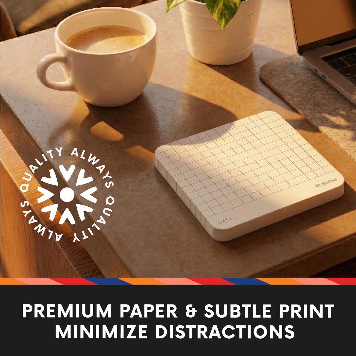 Notsu Graph Grid Sticky Notes 4pk | Premium Thick Paper 120g | Graphing Memo Pads with Date, 3" x 3"