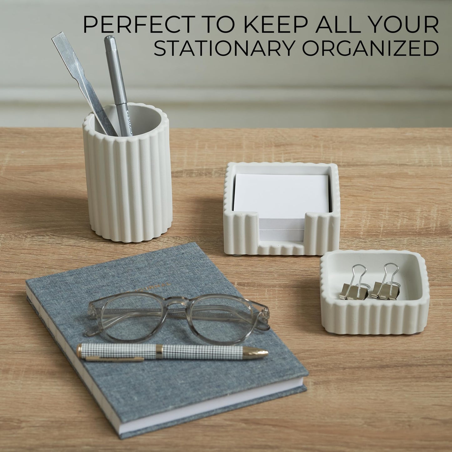 KIBAGA Modern Aesthetic Desk Accessories Set of 3 - Stylish Concrete Organizers for Pens & Office Supplies - A Cute and Functional Addition to Your Workspace Decor
