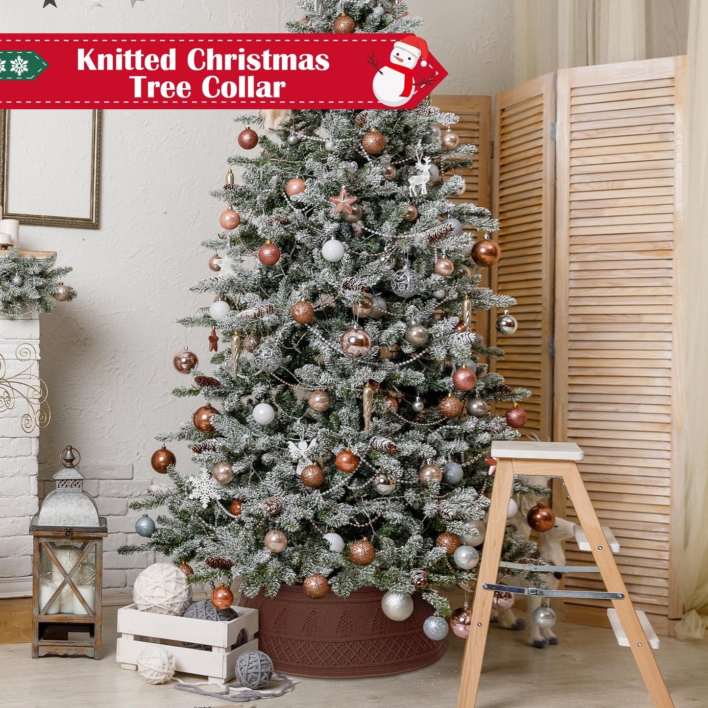 VioraWhite 28 Inch Christmas Tree Collar, Neutral Chunky Cable Knit Tree Base Cover Ring Skirt, Rustic Farmhouse Basket Collar for Xmas Home Office Holiday Decor, Fits 4-6 ft Trees(Dark Khaki)
