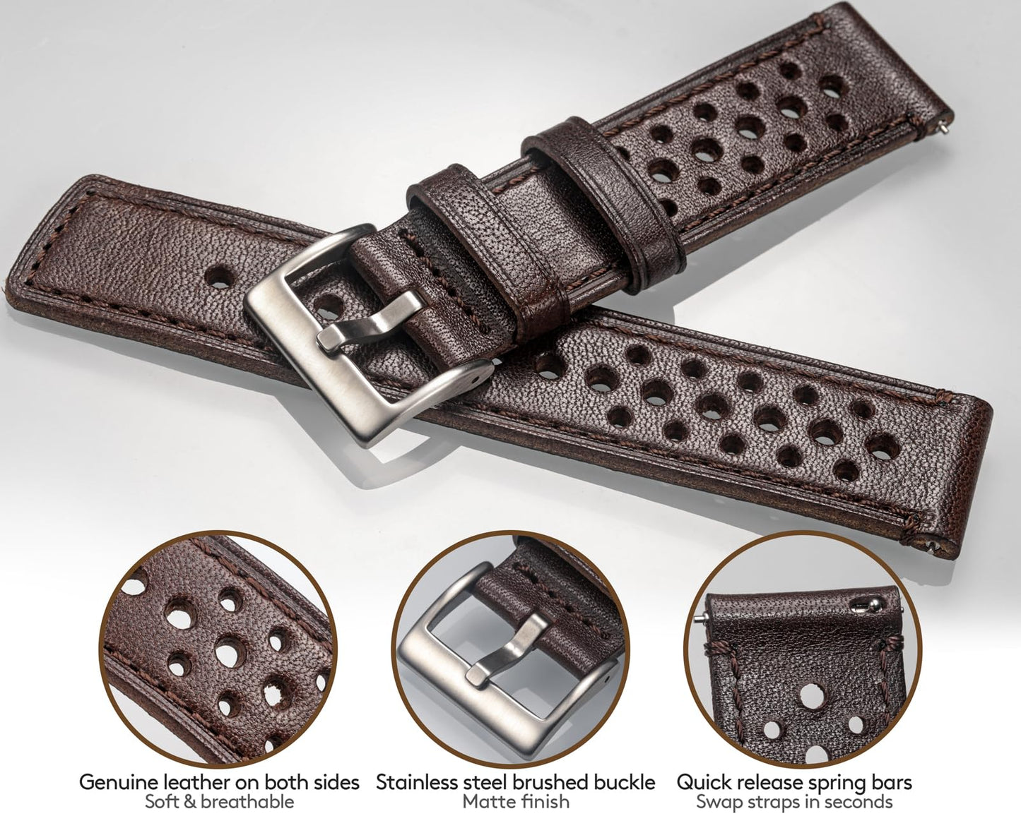 Quick Release Watch Band, Genuine Perforated Leather Watch Strap - Replacement 18 20 22 24mm Watch Bands for Women & Men - Stainless Steel Buckles - Compatible with Regular & Smart Watch Bands