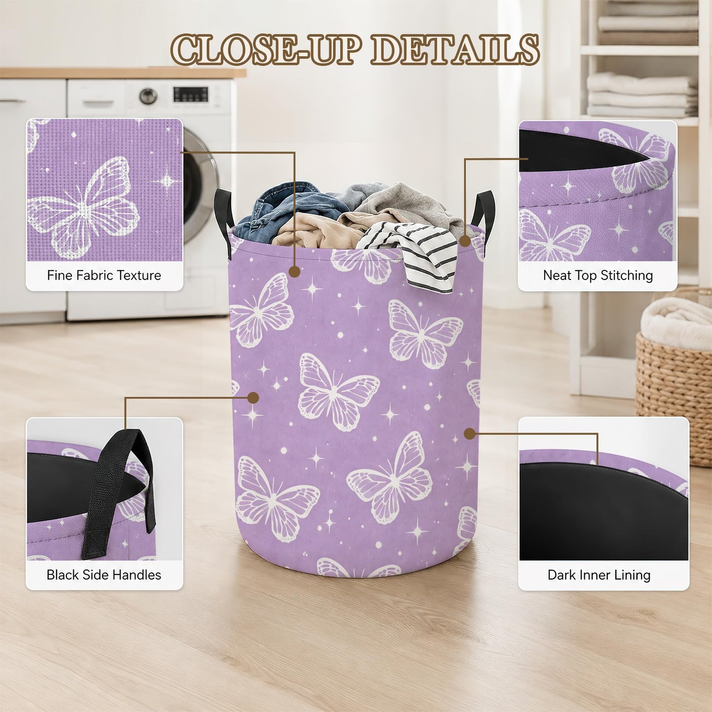 Laundry Hamper, Butterfly Star Collapsible Lavender Laundry Baskets Waterproof Oxford Cloth With Handles, Clothes Storage Bucket For Bathroom/Bedroom 16" x 20.8"