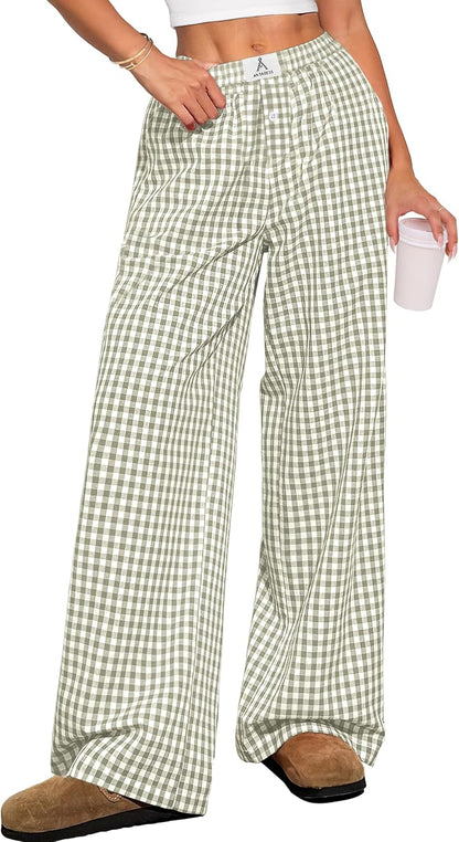 ANRABESS Womens Striped Gingham Pants 2025 Pajama Lounge Boxer Pants Cute Comfy PJ Bottoms with Pockets Y2K Plaid Outfits