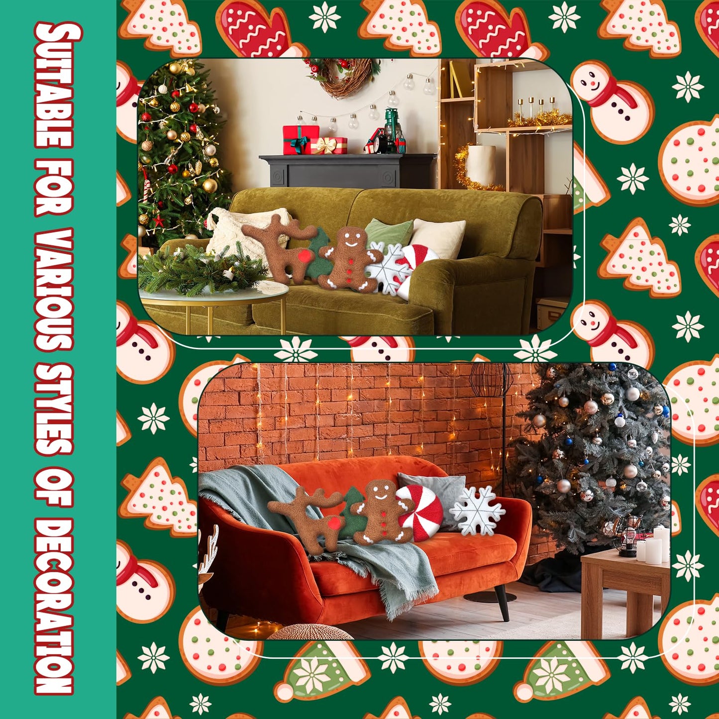 Cumule 5 Pcs Christmas Throw Pillows Cute Xmas Tree Candy Gingerbread Reindeer Snowflake Shaped Plush Pillow for Christmas Winter Holiday Party Outdoor Bedroom Cushion Decoration