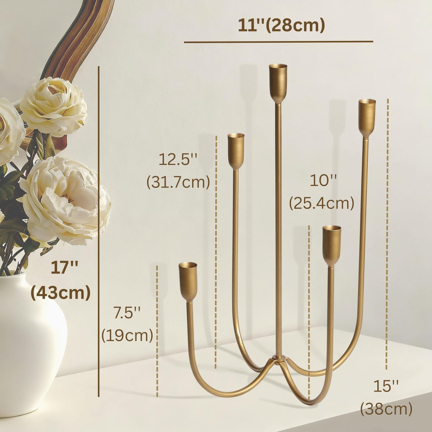 Perfnique 5-Candle Iron Candelabra, 17 Inch Antique Brass Gold Candle Holder, Hand-Forged Cast Gold Candle Holder for Wedding, Event, Christmas & Dining, Table Centerpiece Décor