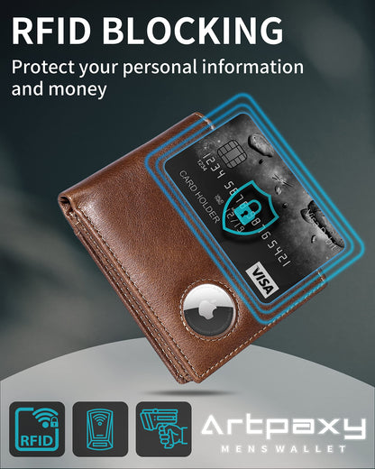 Mens Wallet With AirTag Holder, Bifold Leather RFID Blocking 1 ID Windows 13 Card Holders, Gift Box and Screen Protector Included, AirTag Not Included