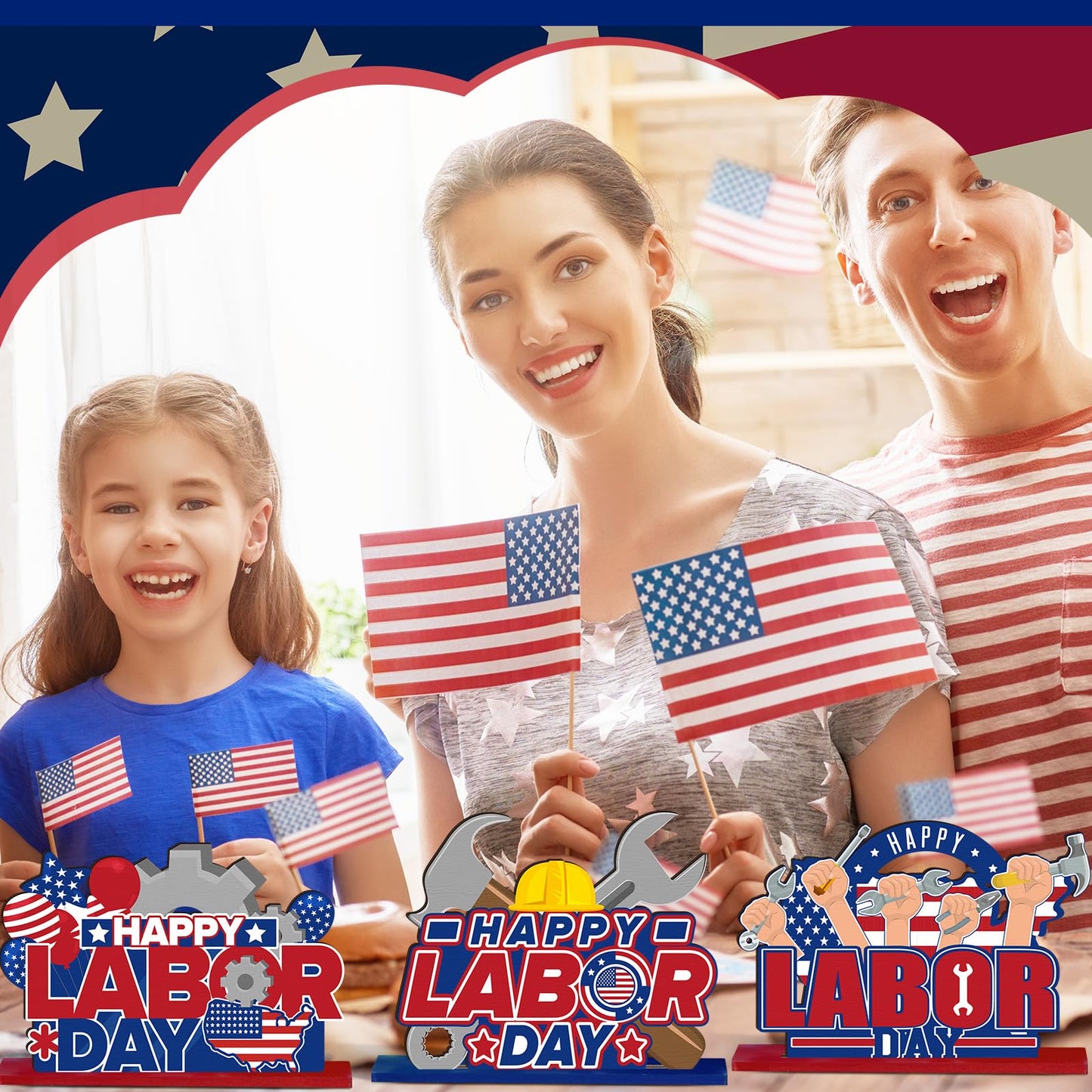 6 Pcs Labor Day Decoration Wooden Party Table Centerpieces Supplies Patriotic Theme Table Decorations for American Labor Day Party