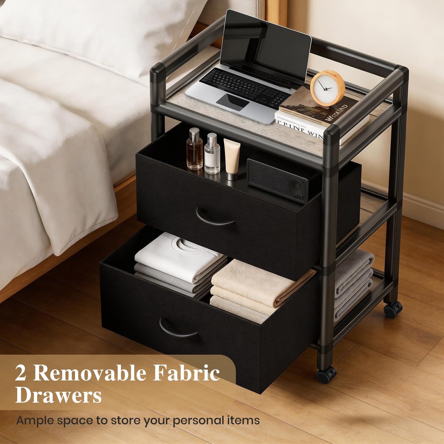 Glosen 2 Drawer File Cabinet with 26'' Removable Fabric Drawers Convert to Shelves, Mobile Filing Cabinet on Wheels, Heavy Duty Metal Printer Stand for Home Office, Small Space
