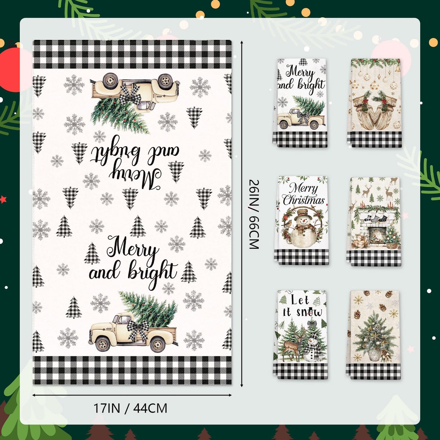 HEIFAM Green Xmas Christmas Kitchen Towels 6 Pcs, Christmas Hand Towel for Bathroom, Holiday Kitchen Towel, Snowman Tea Dish Towels, Snowflake Gloves Decor Gray Strips, Housewarming Gift, 17 X 26in
