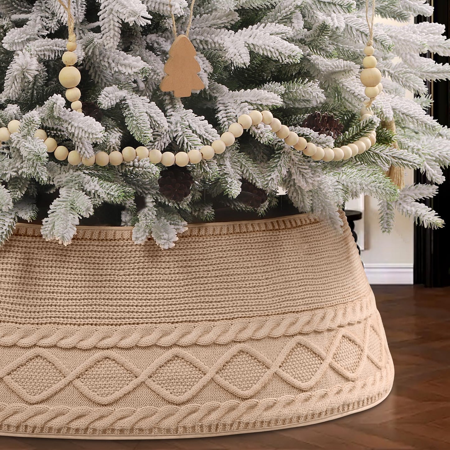 Teeanzo Christmas Tree Collar Skirt,Knitted Beige Diamond Edge Cable Stand Farmhouse Rustic Tree Ring for Artificial Christmas Tree Base Cover Holiday Home Party Decoration