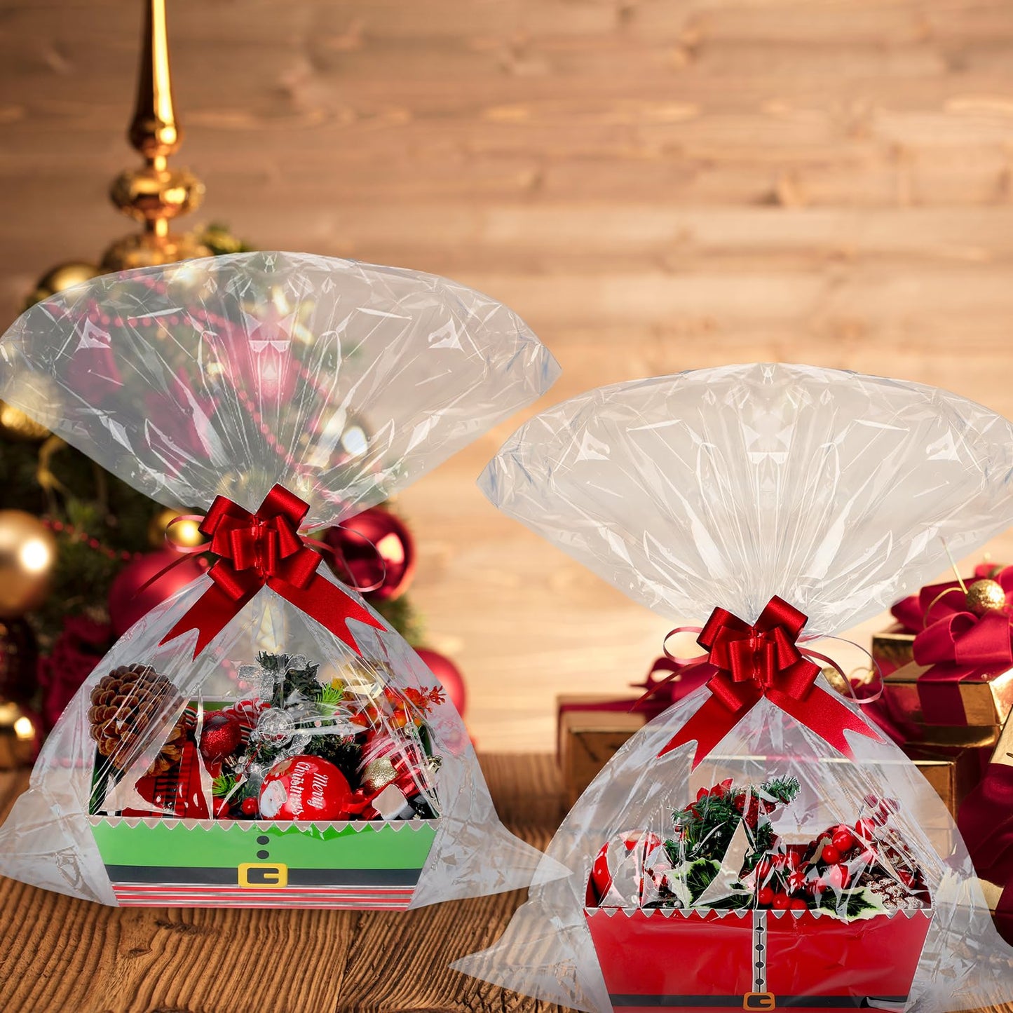 Cholemy 24 Pieces Christmas Gift Baskets Empty Kit Include 8 Kraft Market Trays 8 Bags and 8 Bows Elf Belt Candy Cardboard Baskets for Gifts Empty with Handles (Elf Belt)