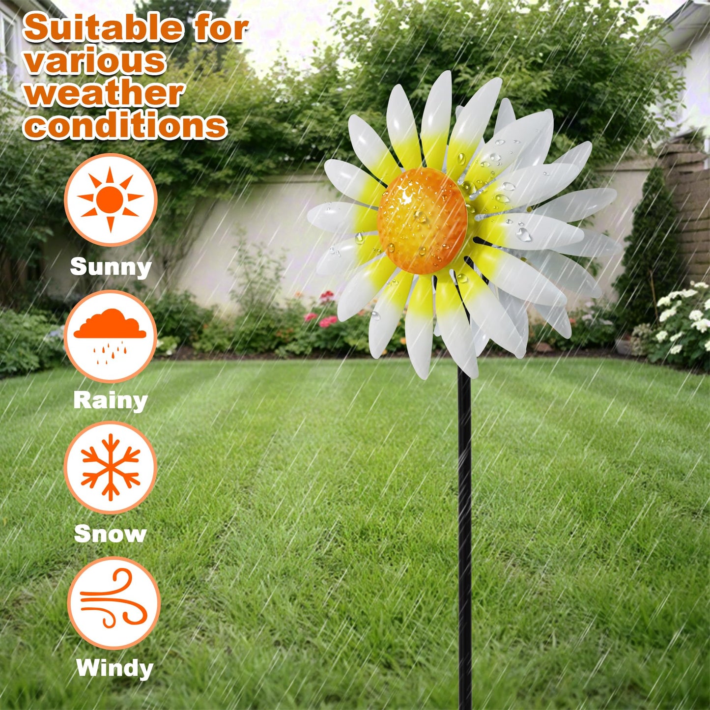 Decorative Metal Garden Daisy Wind Spinner, Decorative Garden Stakes, Daisy Wind sulpture for Yard Patio. Outdoor Yard Art. (White)