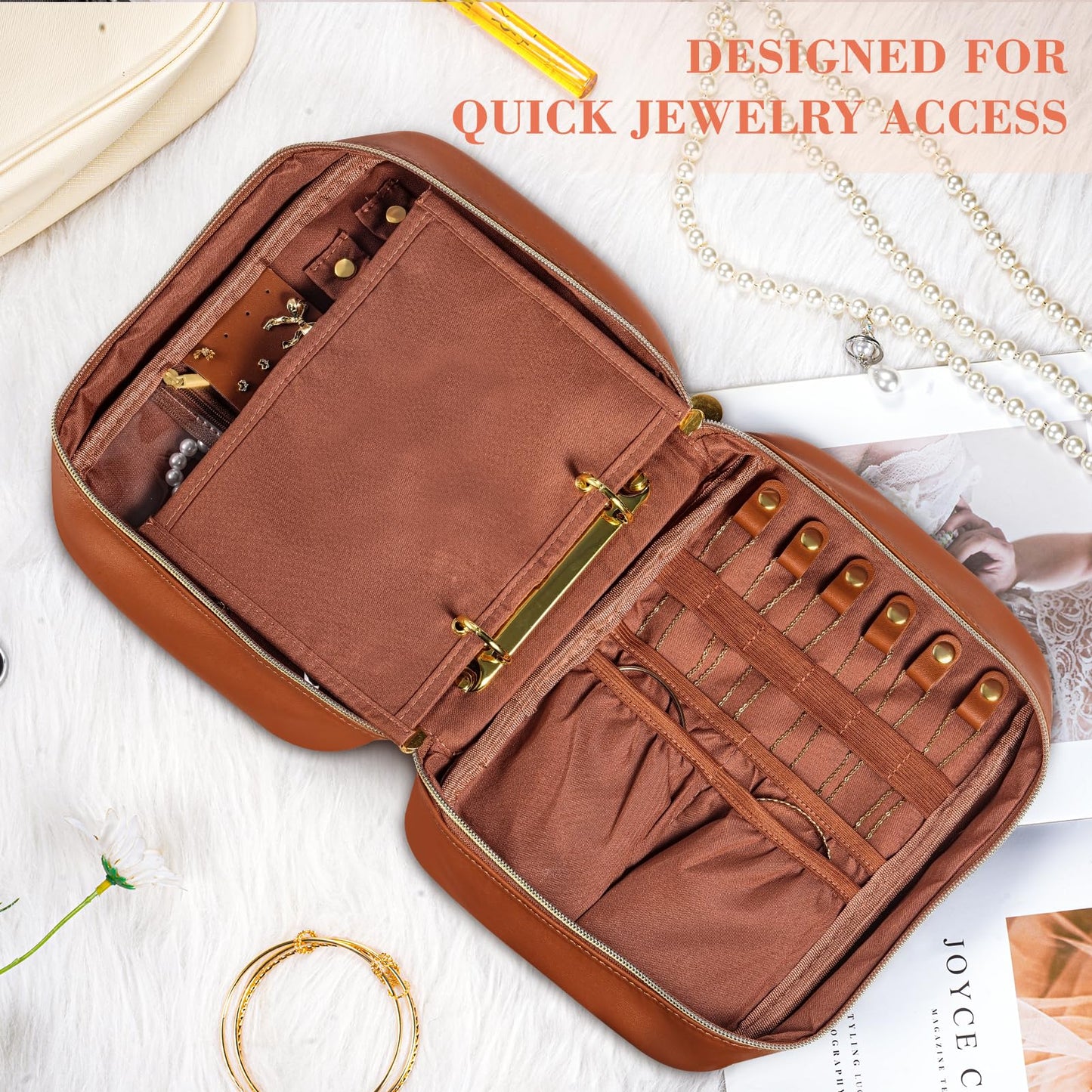 KPWEPK Leather Travel Jewelry Case Organizer,Jewelry Storage Book Binder with Clear Zipper Pouch & Lining-Portable Jewelry Bag for Earrings,Rings,Necklaces,Bracelets (Brown)