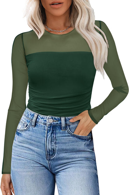 XIEERDUO Women's Sexy Sheer Long Sleeve Tops Crew Neck Mesh Ruched Going Out Shirts Blouse Date Night Outfits