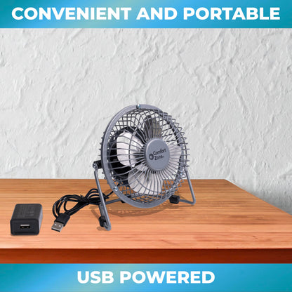 Comfort Zone 4-inch All-Metal Desk Fan with USB or Power Cord, Single Speed, 360 Degree Adjustable Tilt, Compact & Durable Mini Electric Fan for Home, Office or Travel Use, Silver