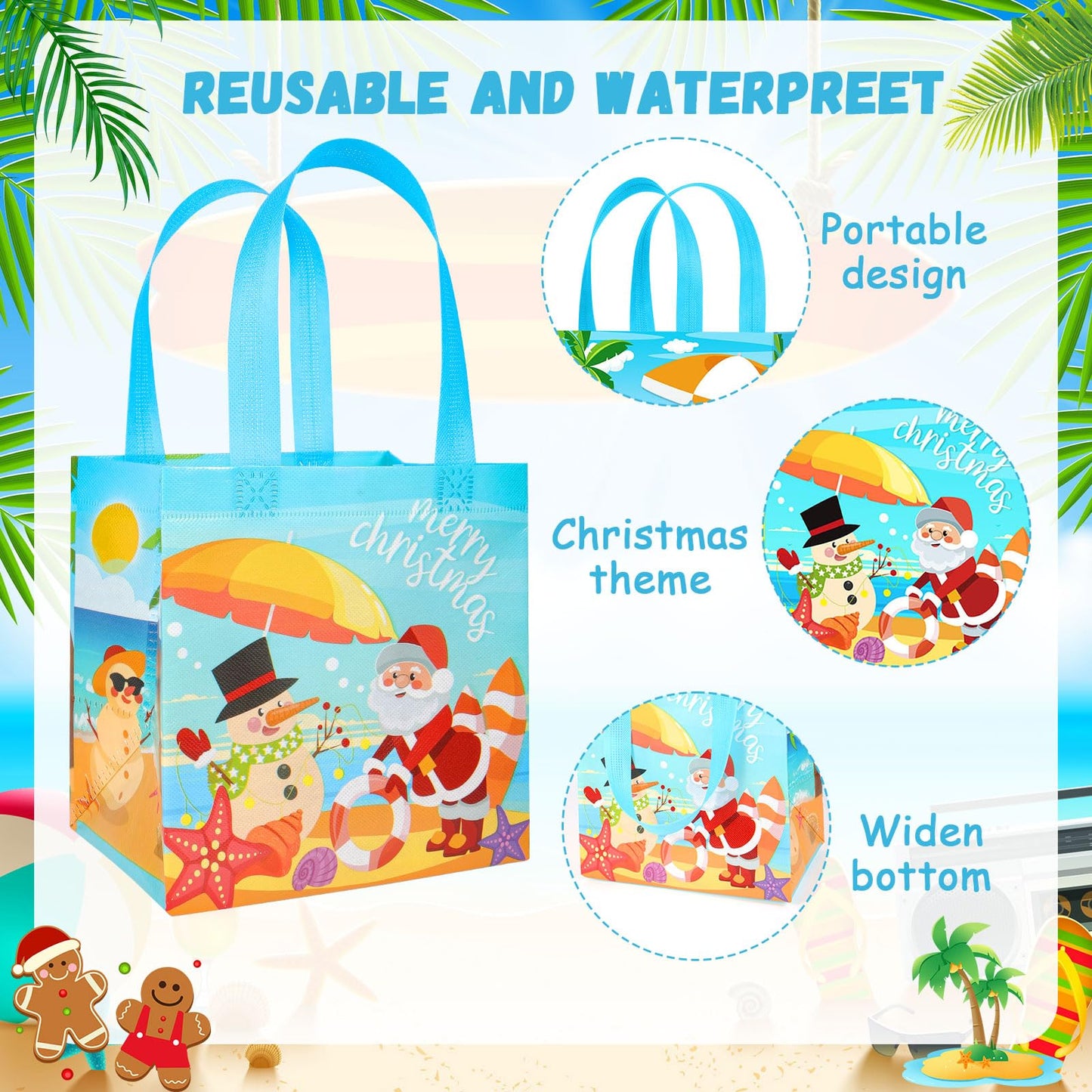 HOWAF 12 PCS Summer Christmas Decorations Gift Bags, Tropical Christmas Non-Woven Tote Bags with Handle Decoration, Beach Santa Goodie Bag for Hawaii Mele Kalikimaka Treat Bag