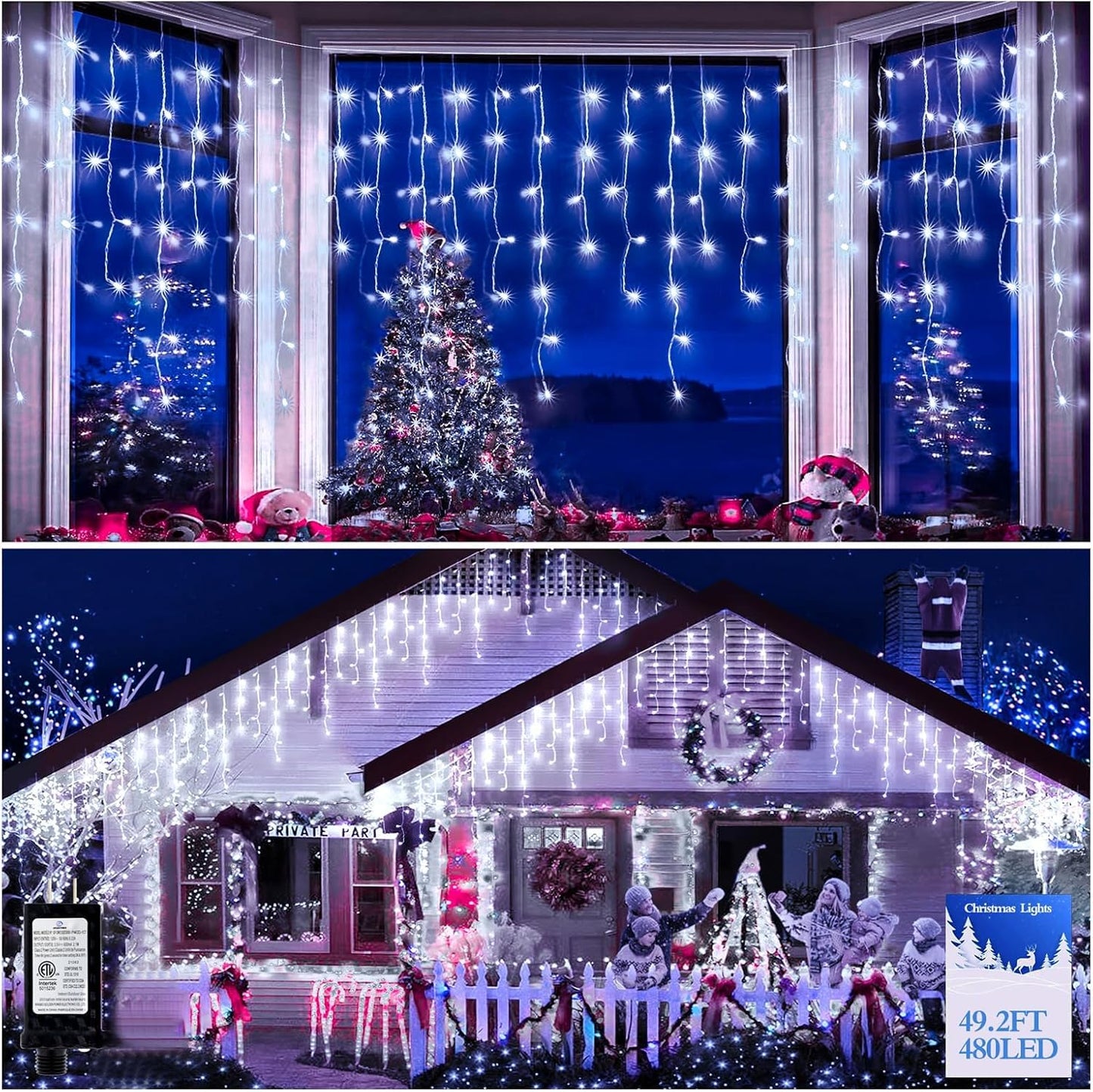 FLVOECN 480 LED 49FT Christmas Lights Plug in 8 Modes with Timer Dimmable Ice Lights Outdoor Waterproof Indoor Ice String Lights for Roof Porch Garden Holiday Wedding Xmas Decor (Cool White)