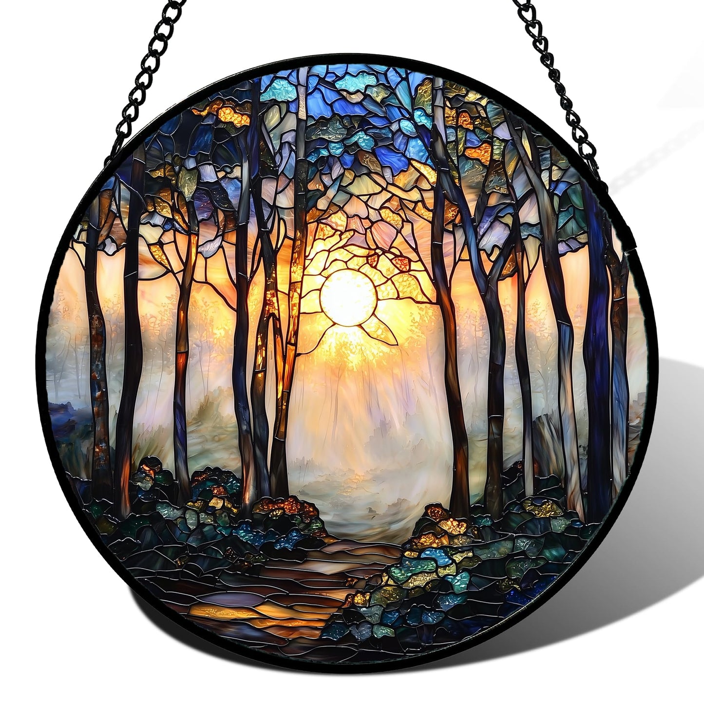 DASTOLL Stained Glass Window Hanging, Forest Sunrise Smoke Blue Brown Tree Suncatcher for Doors Window Home Landscape Sun Catchers Decor Mother's Day Birthday Gifts for Women, Men Mom 7.8 in
