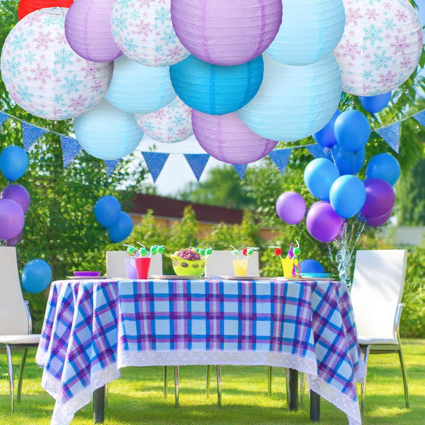 MotiMind 12 Pcs Snowflake Hanging Paper Lanterns Snowflake Princess Party Decors White Blue Purple Round Lantern for Snow Wonderland Birthday Party Supplies Baby Shower Home Winter Decor