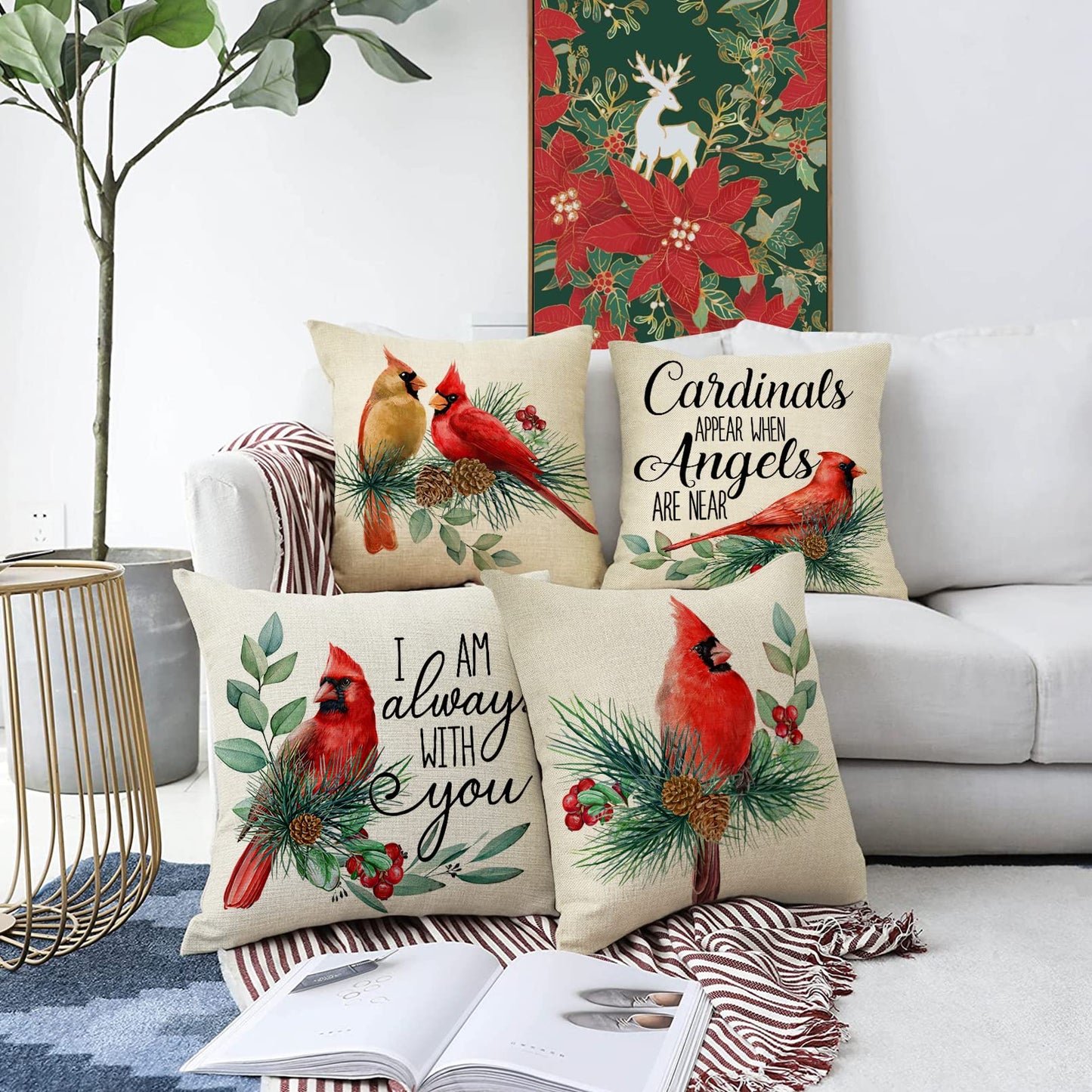 Ussap I Am Always with You Cardinal Red Birds Decorative Throw Pillow Cover Set of 4, Pine Cones Berry Cushion Case Decor, Winter Holiday Memorial Pillowcase Christmas Decorations for Sofa Couch 18x18