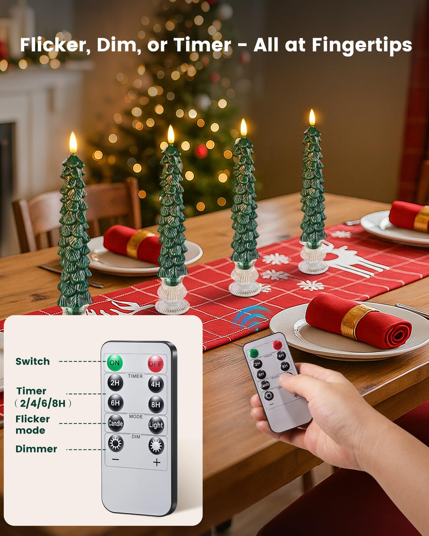 SURAIELEC Battery Operated Christmas Tree Candles, Remote Flameless Tree Taper Candles, Real Wax Finish, Flickering LED Candle, 9.5'' Christmas Candlesticks for Window, Mantel, Dining Table, 4-Pack