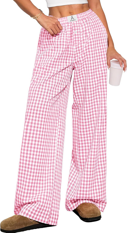 ANRABESS Womens Striped Gingham Pants 2025 Pajama Lounge Boxer Pants Cute Comfy PJ Bottoms with Pockets Y2K Plaid Outfits