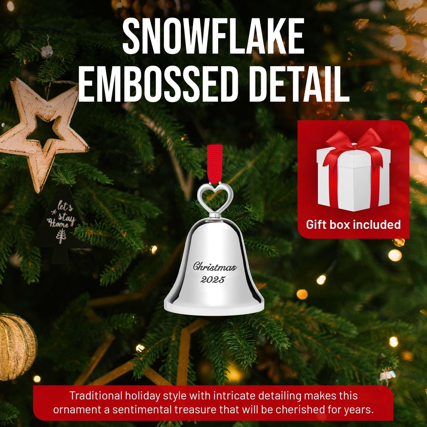 Christmas Bell Ornament 2025 – Elegant Holiday Keepsake with “Christmas 2025” Engraving – Collectible Ornament with Ribbon and Ringing Bell Sound