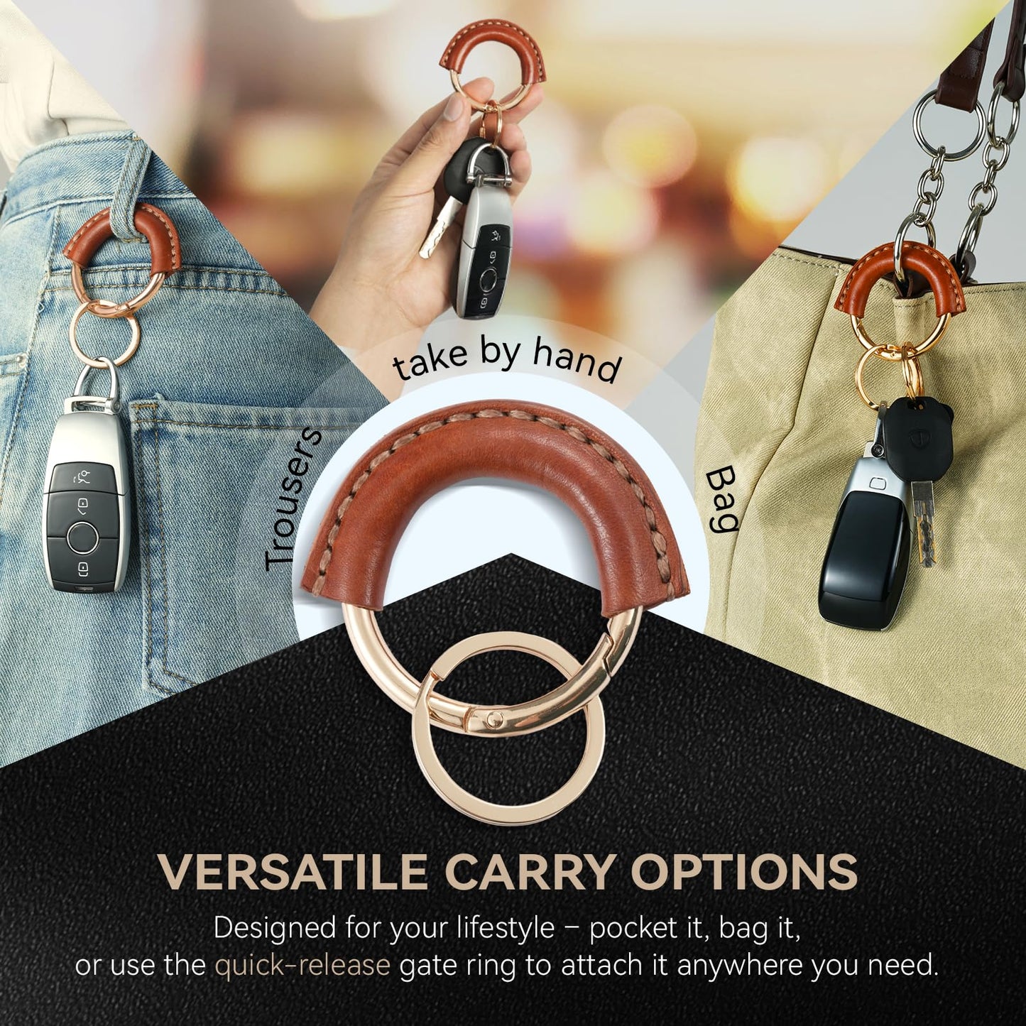 Genuine Leather Keychain - Carabiner Clip Key Fob with 2 Detachable Rings - Car Key Chain Holder for Men & Women