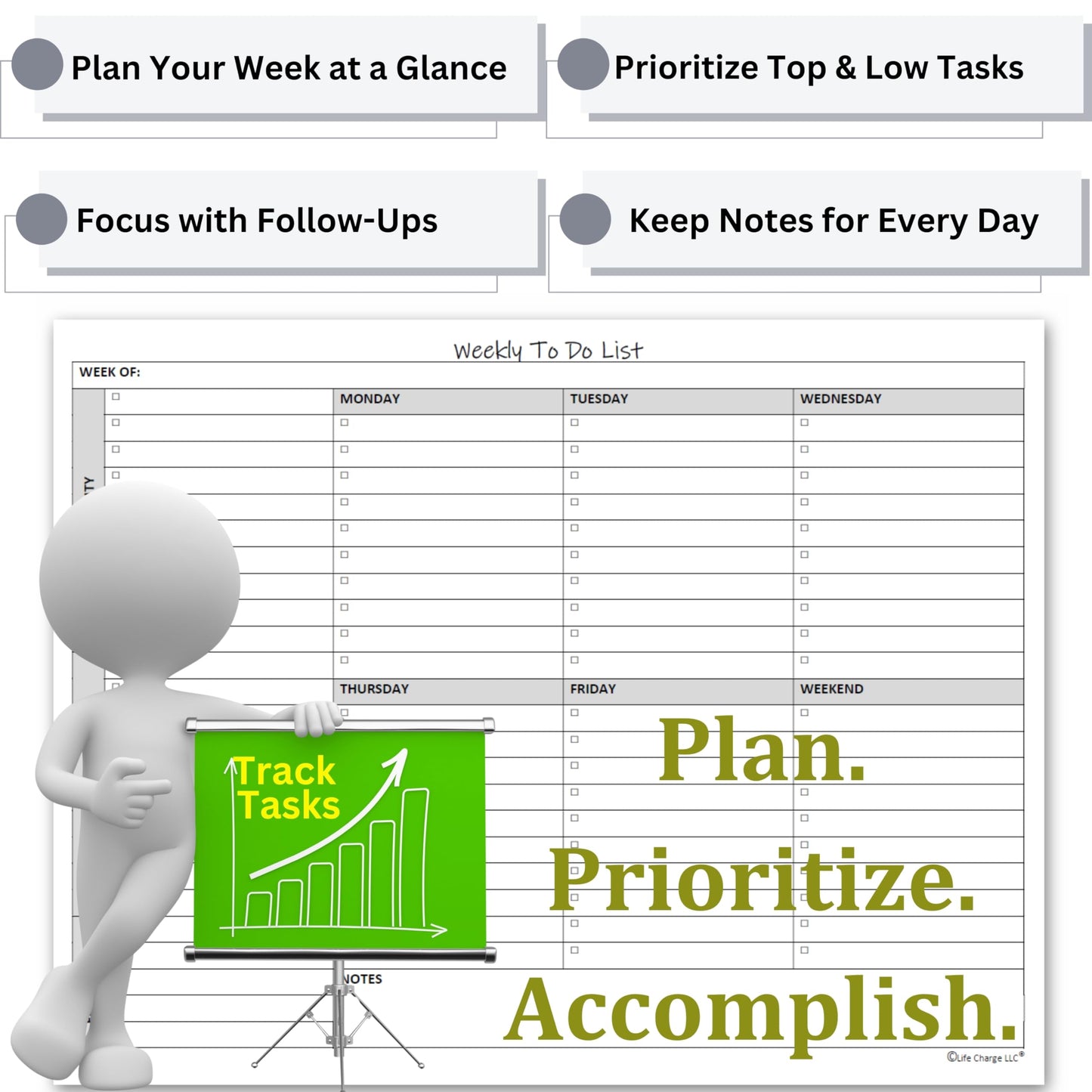 Life Charge Weekly To Do List Planner Notepad, 60 Page Task Planning Pad with Daily Checklist, Priority To-Do Checkboxes & Notes, Desk Notebook for Office Organization & Productivity, 11 x 8.5