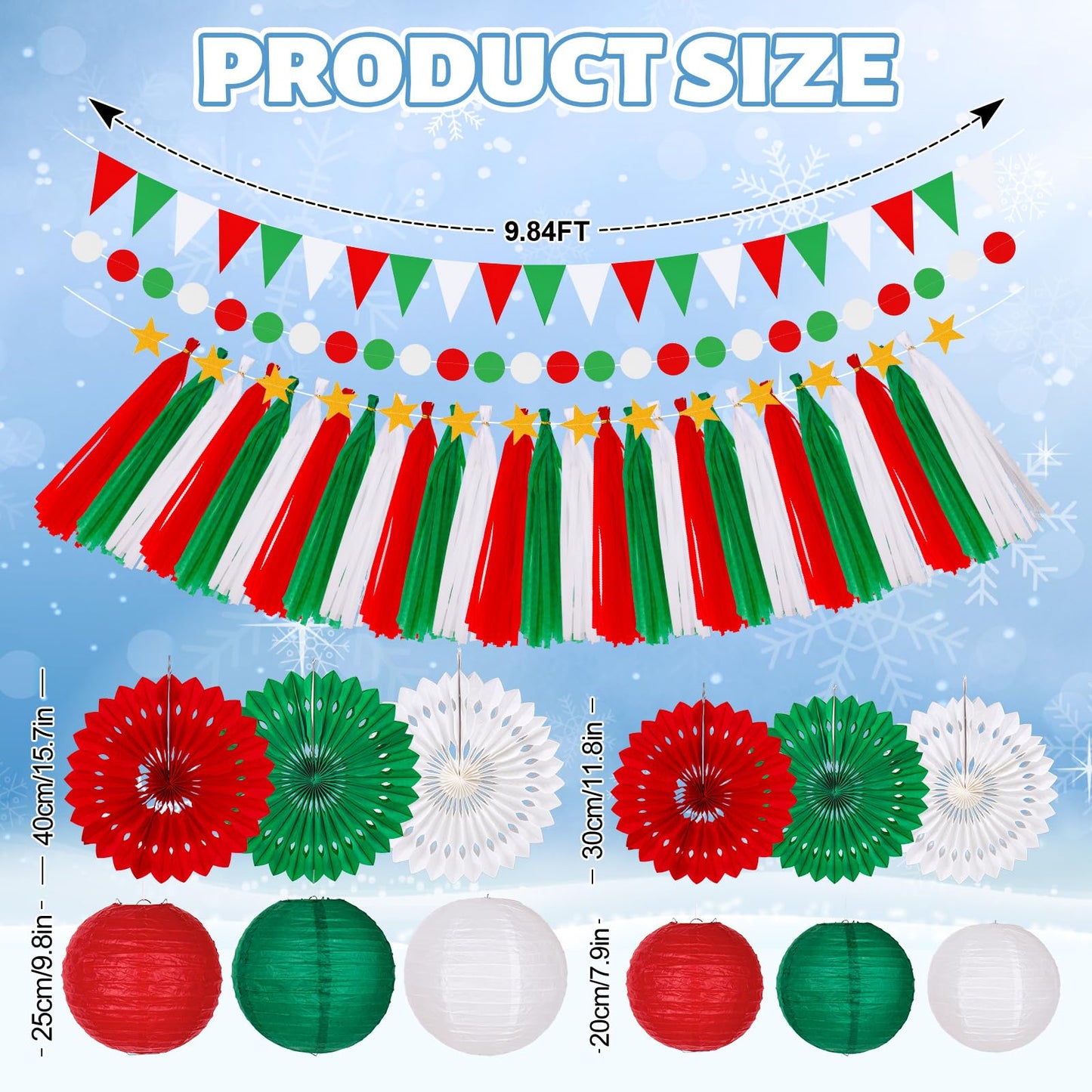 FYSUIMU 18Pcs 3D Christmas Paper Lantemm Decoration Garland Set Red Green White Hanging Buntina Banner paper Fans Tassel for Xmas Holiday Party decor