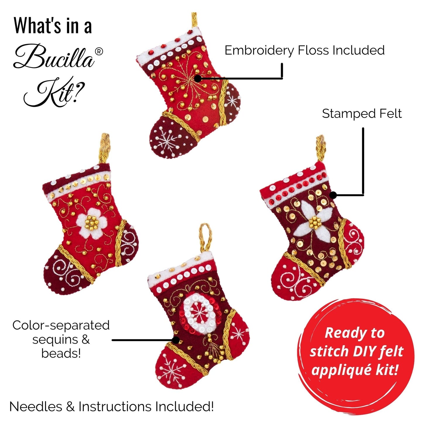 Bucilla Felt Applique 4 Piece Ornament Making Kit, Silent Night, Perfect for DIY Arts and Crafts, 89572E