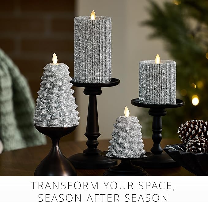 Luminara Brilliant Silver Glitter Ribbed Flameless LED Candle Moving Flame Pillar, Real Wax, Flat Top, Timer (3.25" x 4.5")