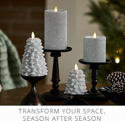 Luminara Brilliant Silver Glitter Ribbed Flameless LED Candle Moving Flame Pillar, Real Wax, Flat Top, Timer (3.25" x 4.5")