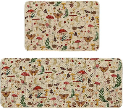 Artoid Mode Mushrooms Butterfly Spring Kitchen Mats Set of 2, Home Decor Low-Profile Kitchen Rugs for Floor - 24x35 and 24x59 Inch