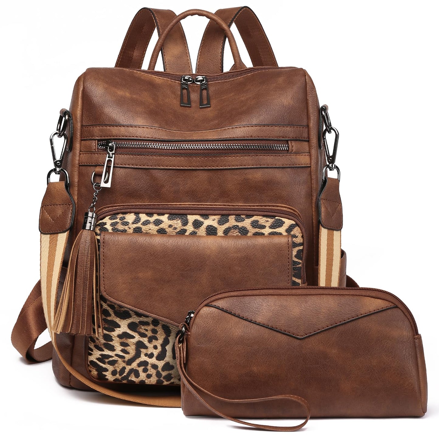 GAEKEAO Backpack Purse for Women Fashion Leather Designer Travel Backpack Purses Convertible Shoulder Bag with Wristlet (Brown With Leopard)