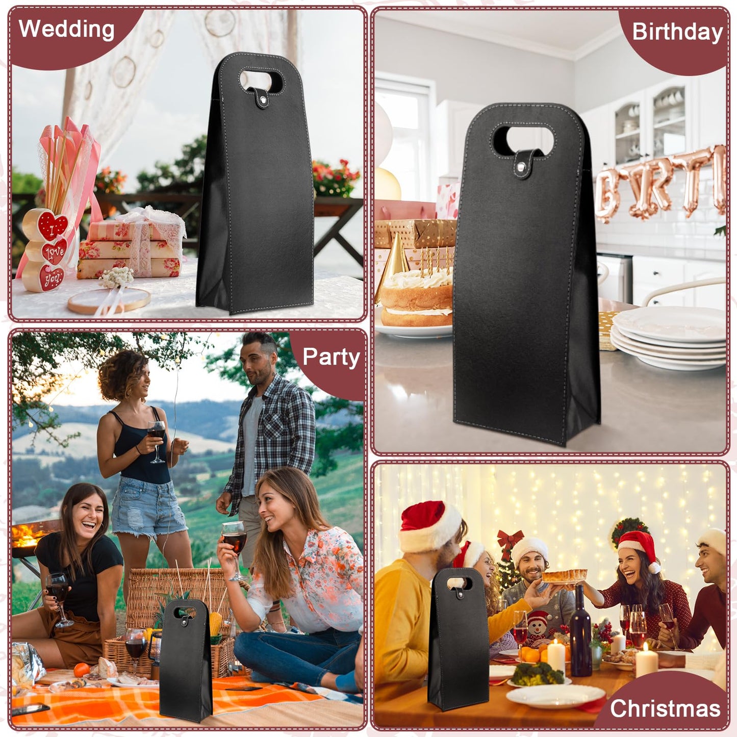 FillTouch 6 Pcs Double Wine Bag Reusable Leather Wine Tote Carrier 2 Bottle Portable Gift Bags Champagne Beer Bags for Valentine Father's Day Thanksgiving Christmas Birthday Party(Black)