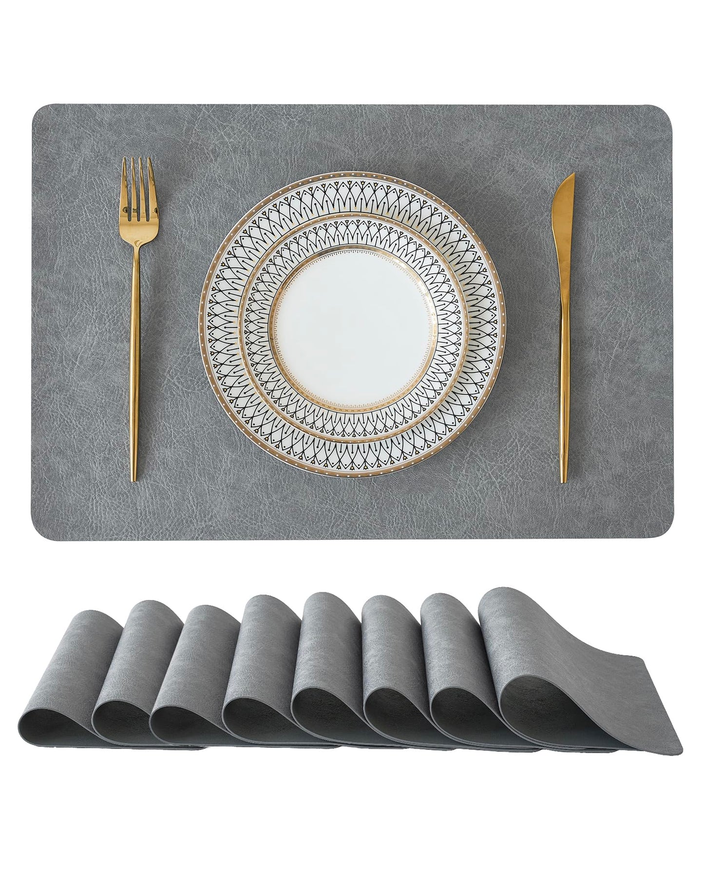 Leetaltree Reversible Faux Leather Placemats Set of 8, 12x17 Inch - Heat Resistant, Waterproof, Non-Slip Table Mats for Dining Kitchen, Hotel-Quality, Mist Grey
