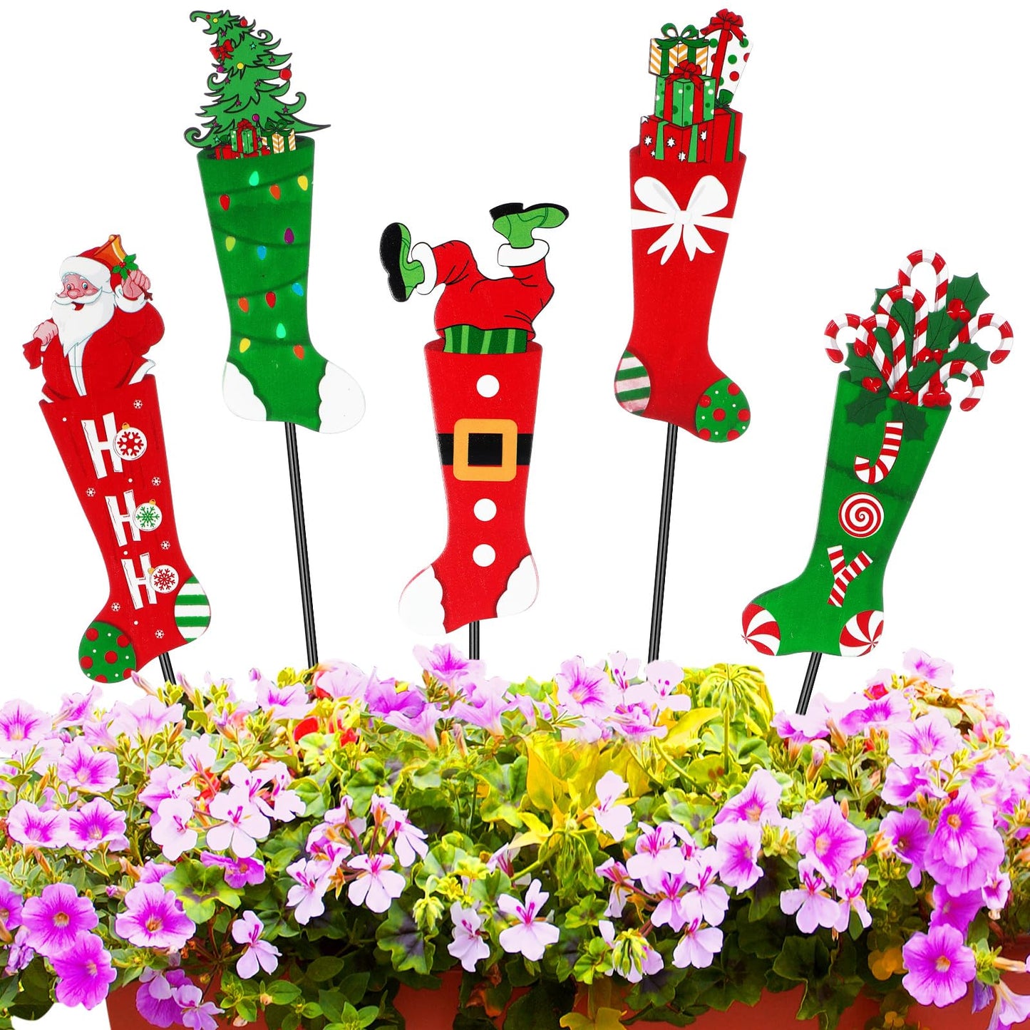 Roowest 5 Pack 12'' H Metal Christmas Yard Stakes Outdoor Decorations Red and Green Christmas Stocking Elf Santa Signs Winter Potted Plant Stakes for Holiday Lawn Garden Home Porch Party Decor