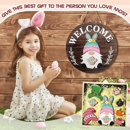 Qunclay Interchangeable Wooden Gnome Decor Holiday Seasonal Gnome Decorations with Magnet Pieces and Detachable Hats Changeable Welcome Sign for Home(Attractive Style)