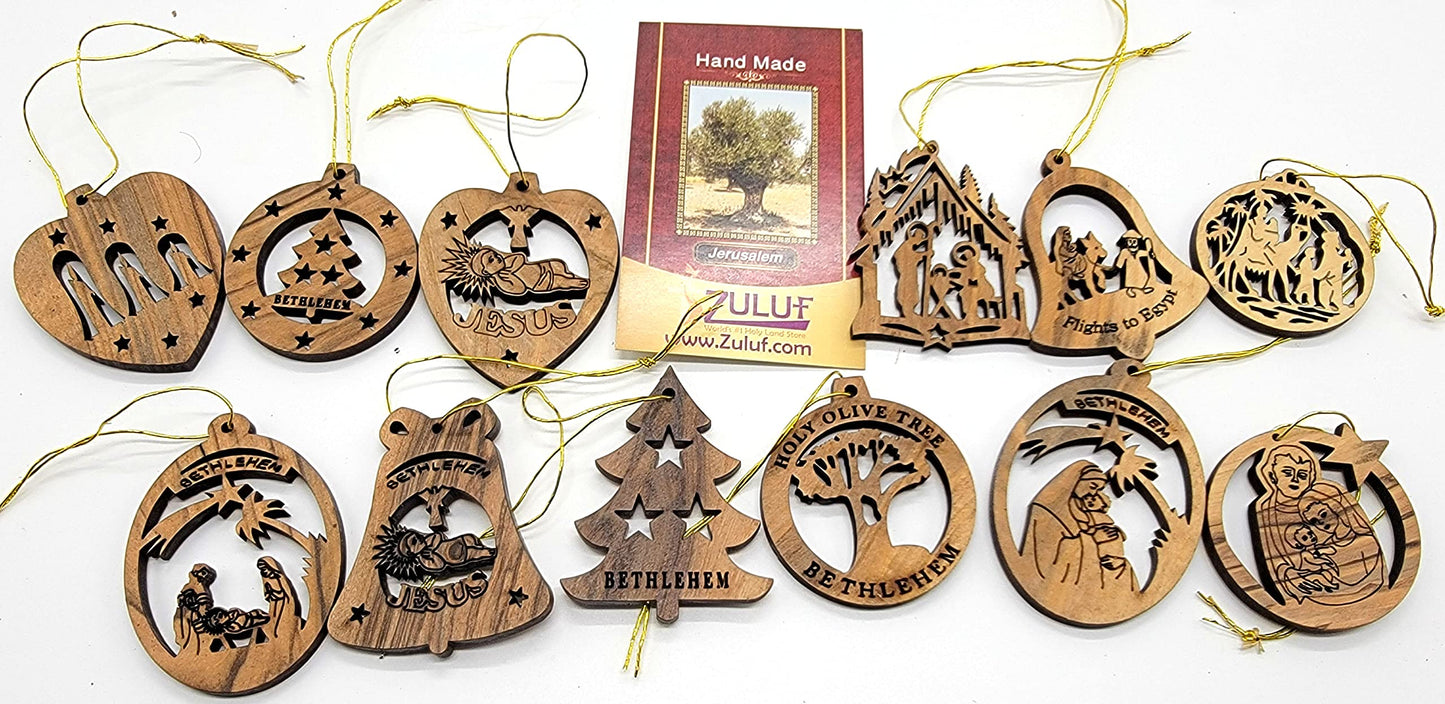 Zuluf 12-Piece Olive Wood Ornament Collection - Authentic Nativity & Bethlehem Star Designs, Religious Christian Christmas Tree Adornments